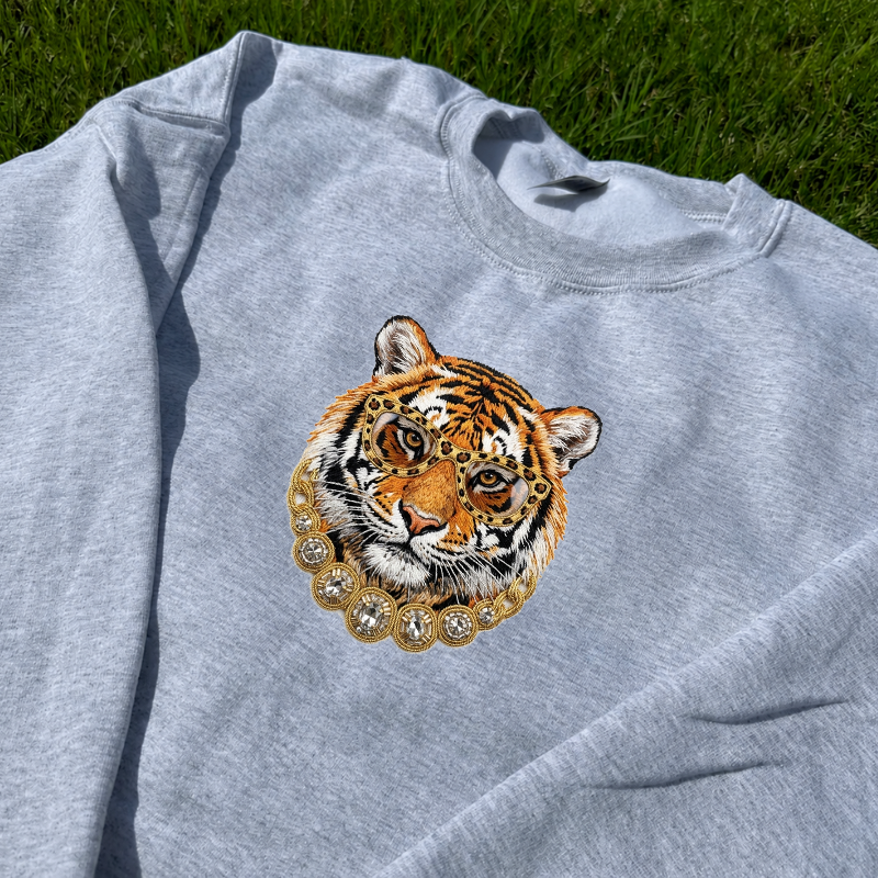 Bling Glam Tiger Embroidered Design Tee, Luxury Vibes Fashion For Her B-0035